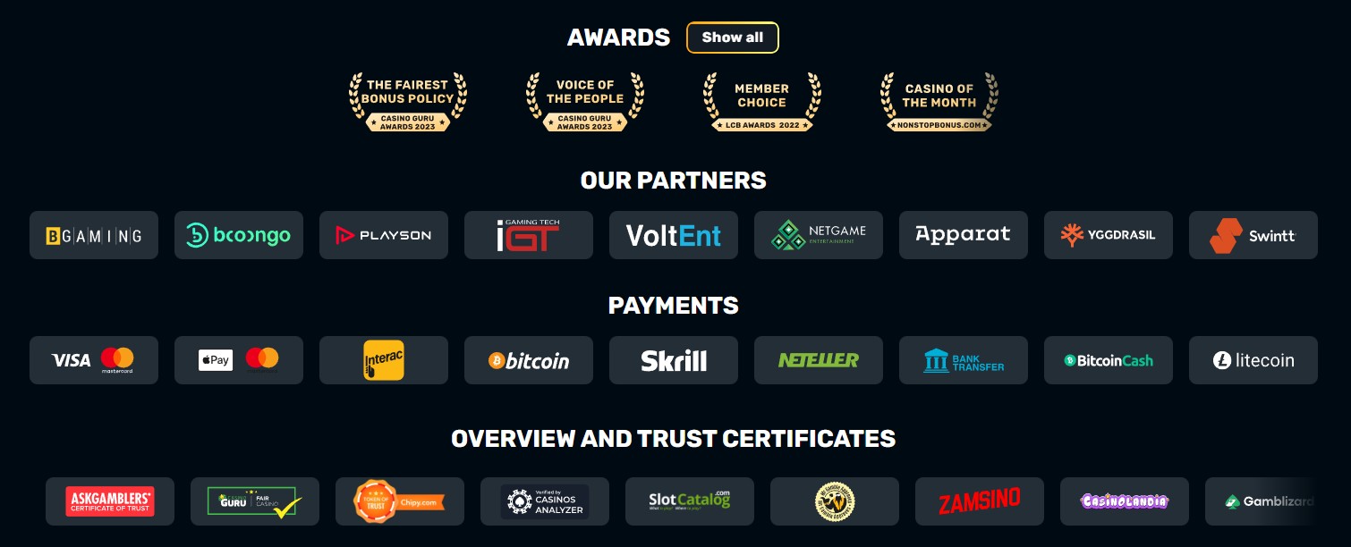 Rocketplay Awards, Partners and Payments